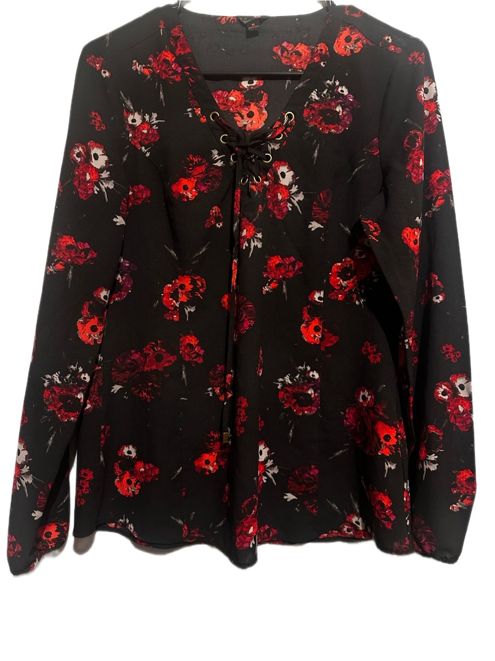 G by Guess Black Lace-Up Blouse with Red Floral Print